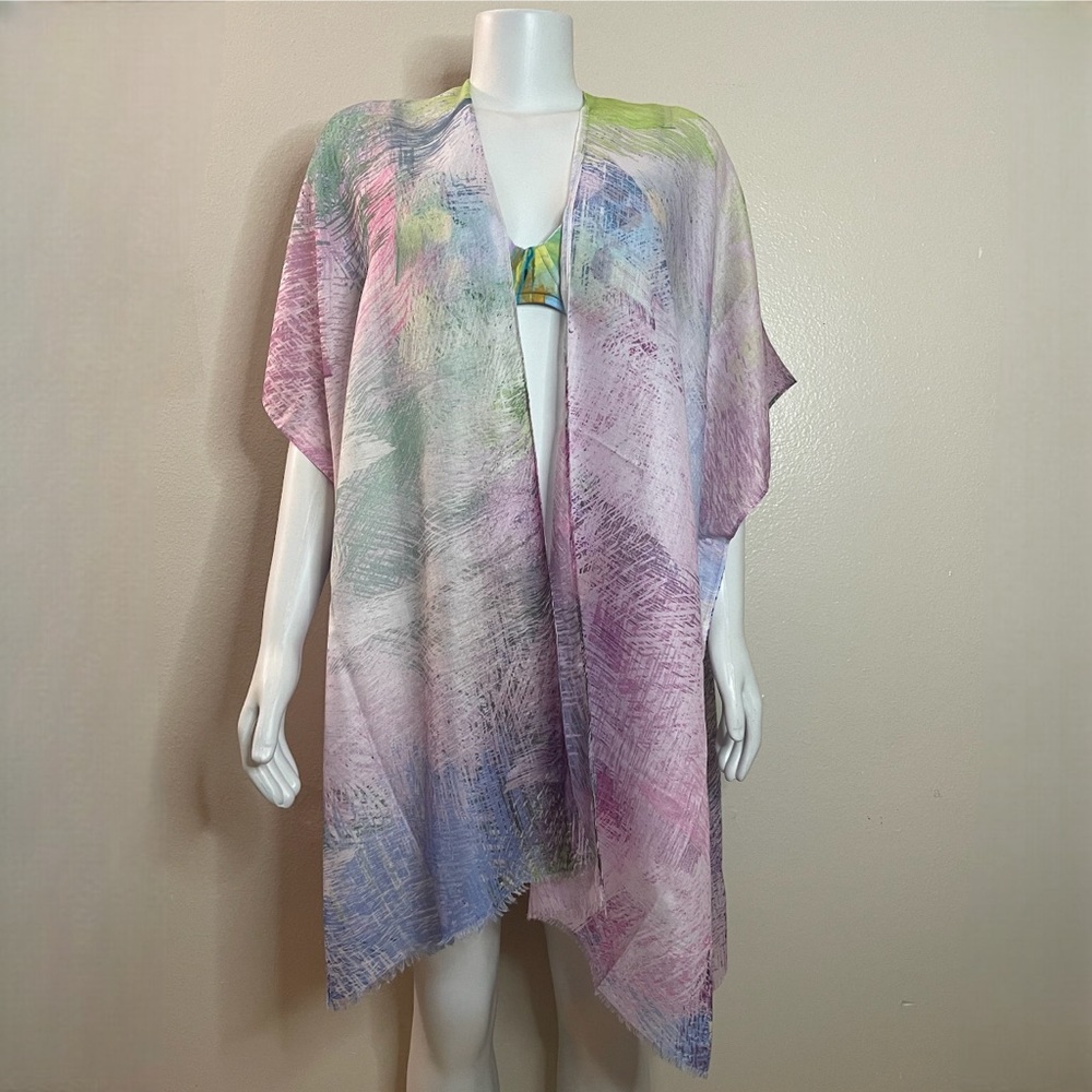 Pink multi beachwear raw hem split sides kimono cover up
